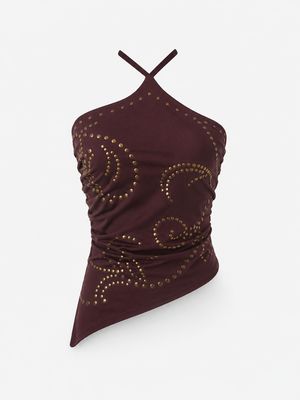 Burgundy Studded Asymmetrical Halter Top