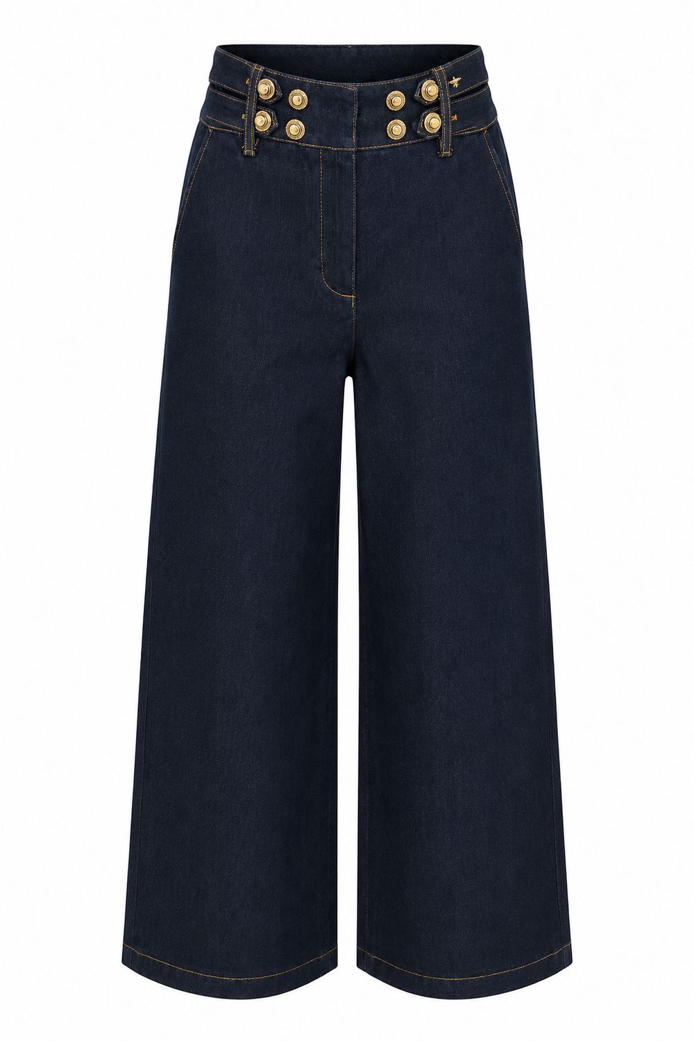 Dark Blue Gold Button Wide-Leg Denim Jean
