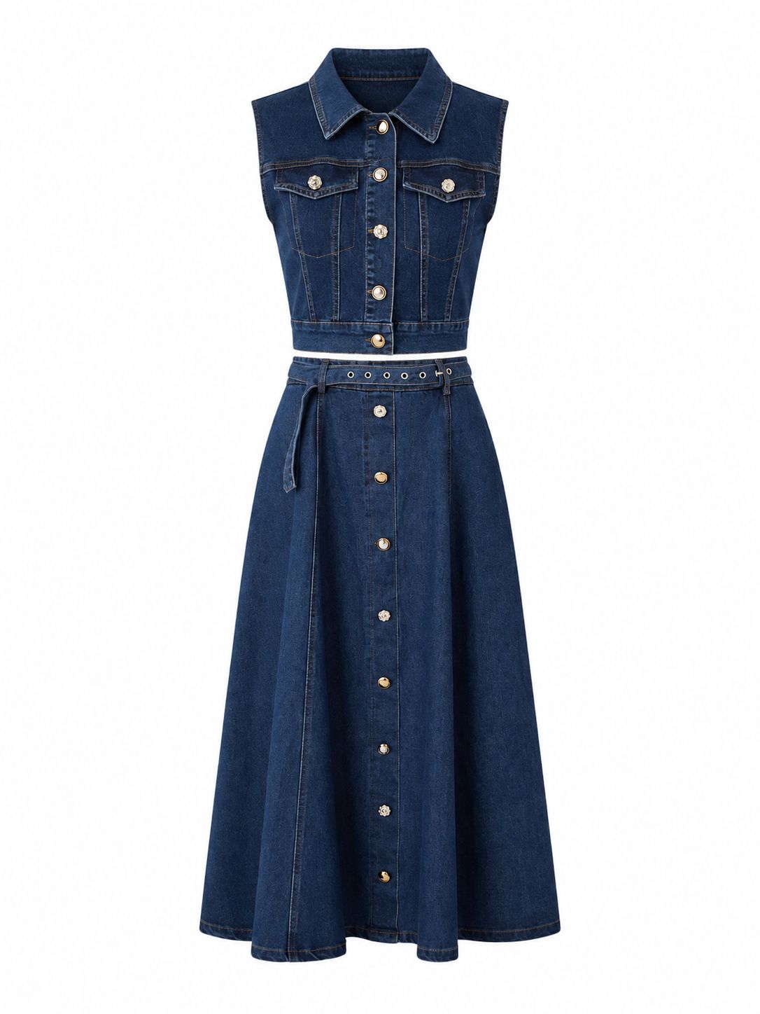 Denim Vest & Midi Skirt Set