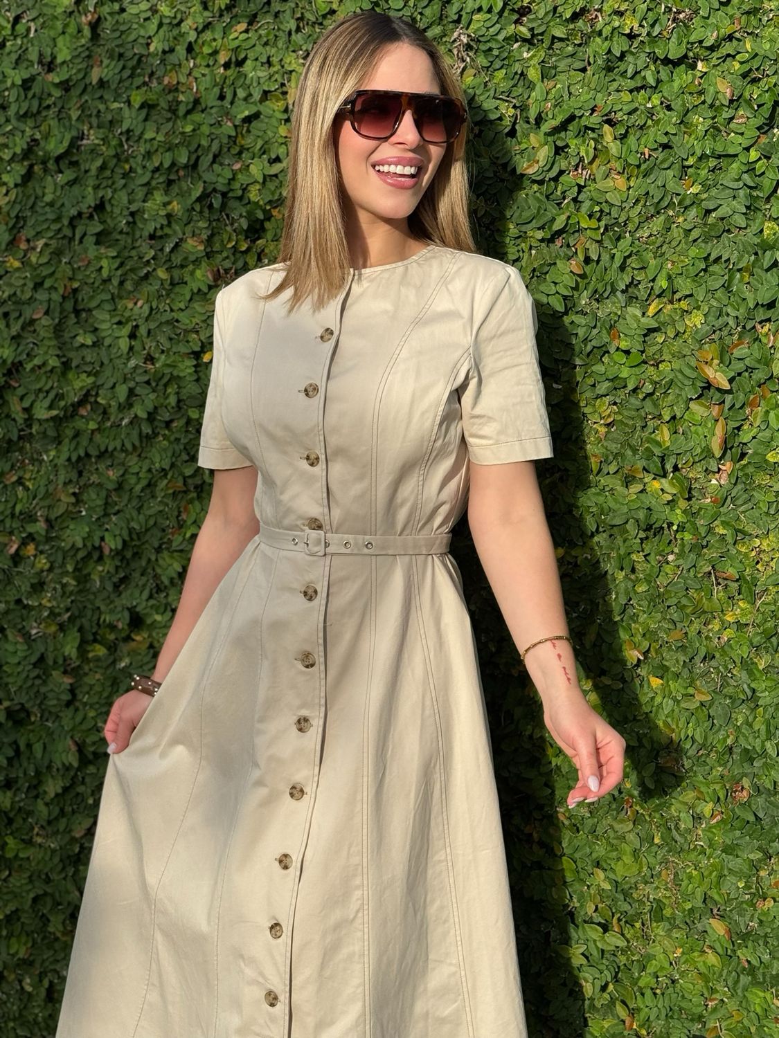 Classic Beige Button Up Midi Dress