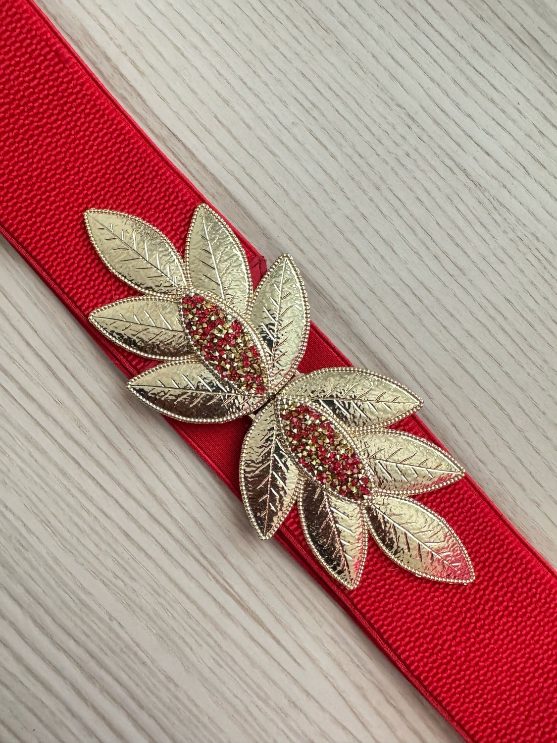 Red Elastic Belt with Gold Leaves
