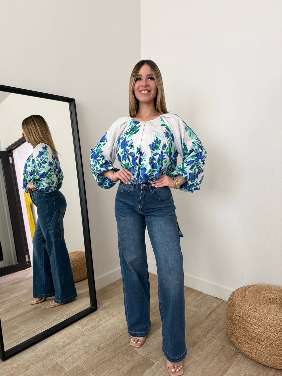 Floral Long Sleeve Pleated Blouse