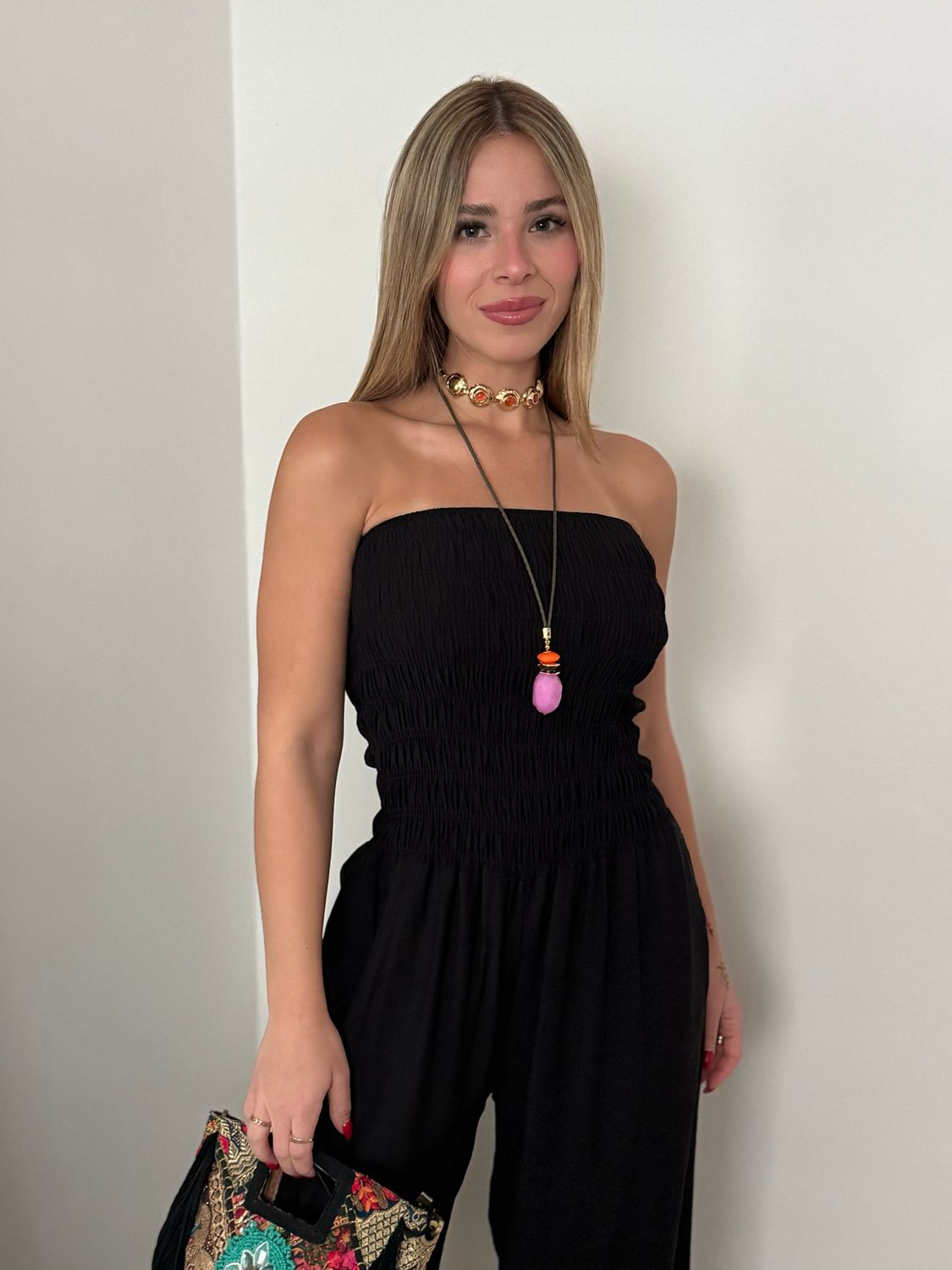 Black Smocked Strapless Jumpsuit