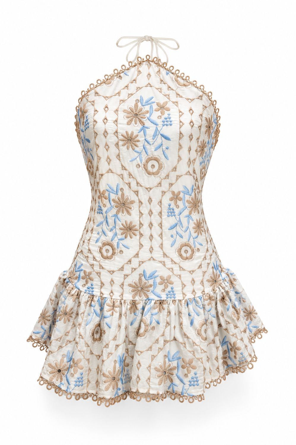 Nude & Blue Flower Embroidery Midi Dress