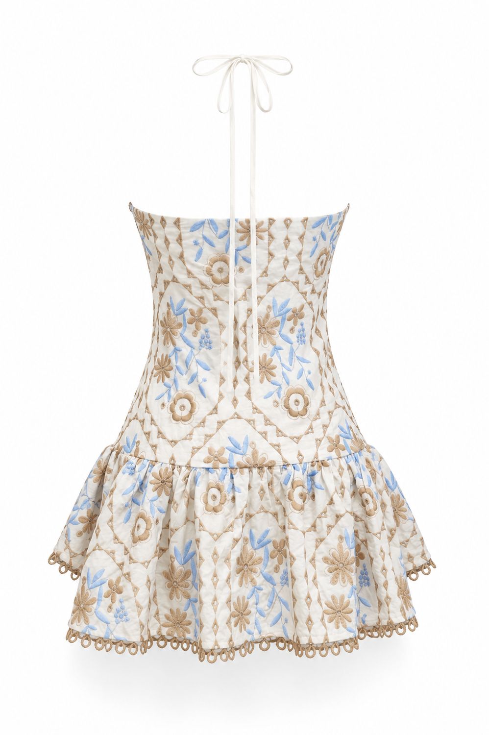 Nude & Blue Flower Embroidery Midi Dress