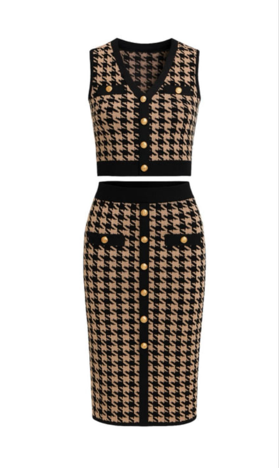 Black Mocha Houndstooth Top & Skirt Set