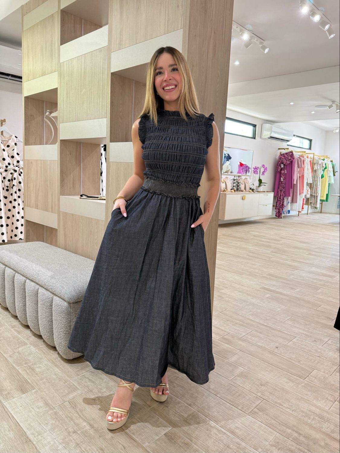 Dark Denim Spandex Midi Dress