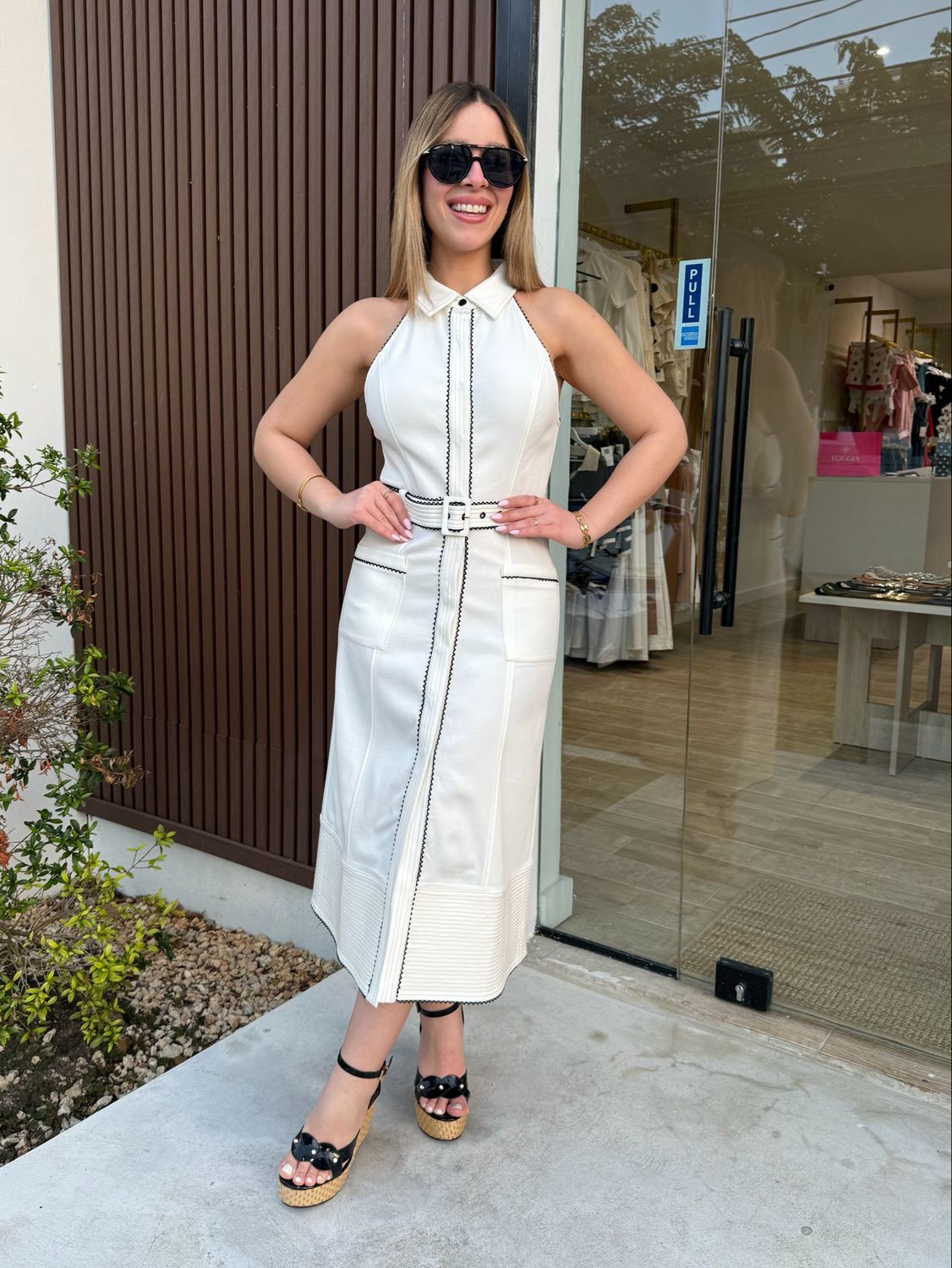 Elegant Off White Belted Midi Dress
