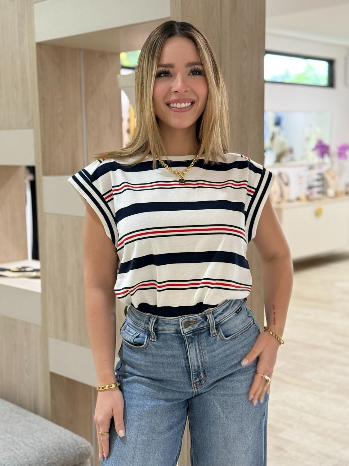 Navy & Red Stripes Top