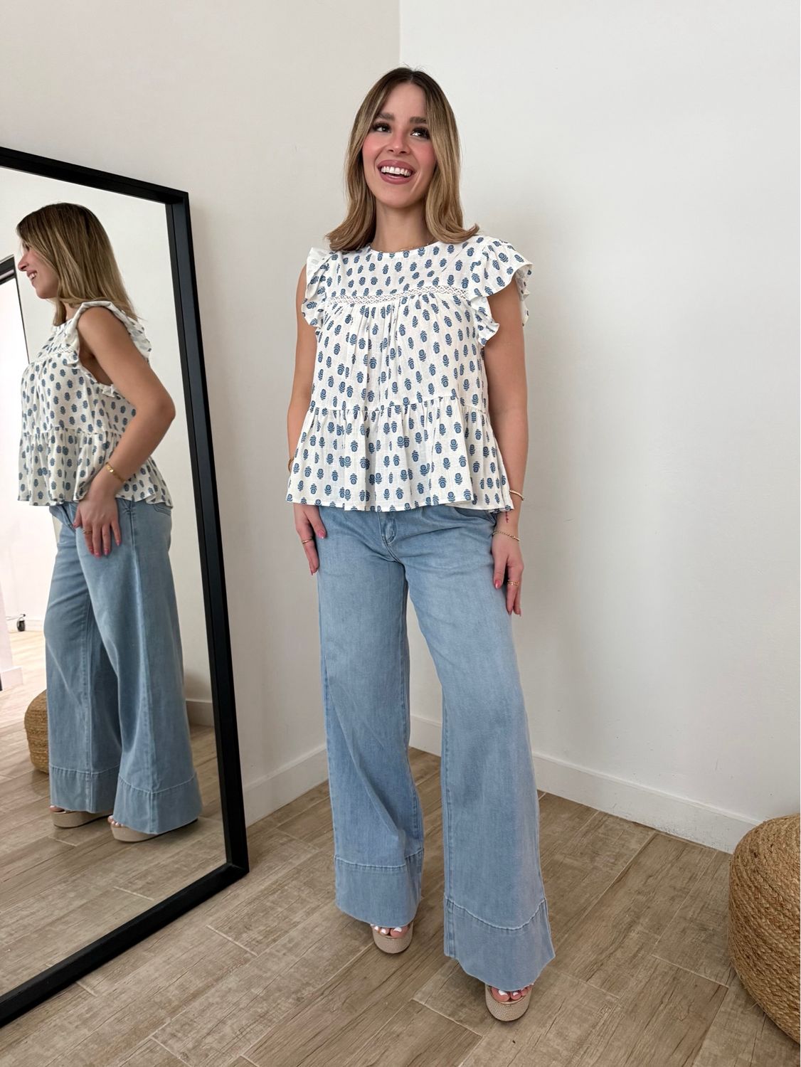 Ivory & Blue Flower Details Blouse