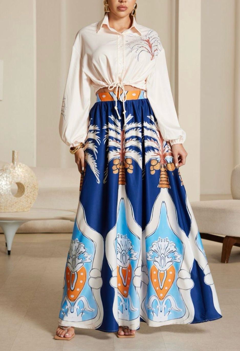 Coral & Deep Blue Ethnic Blouse & Maxi Skirt Set