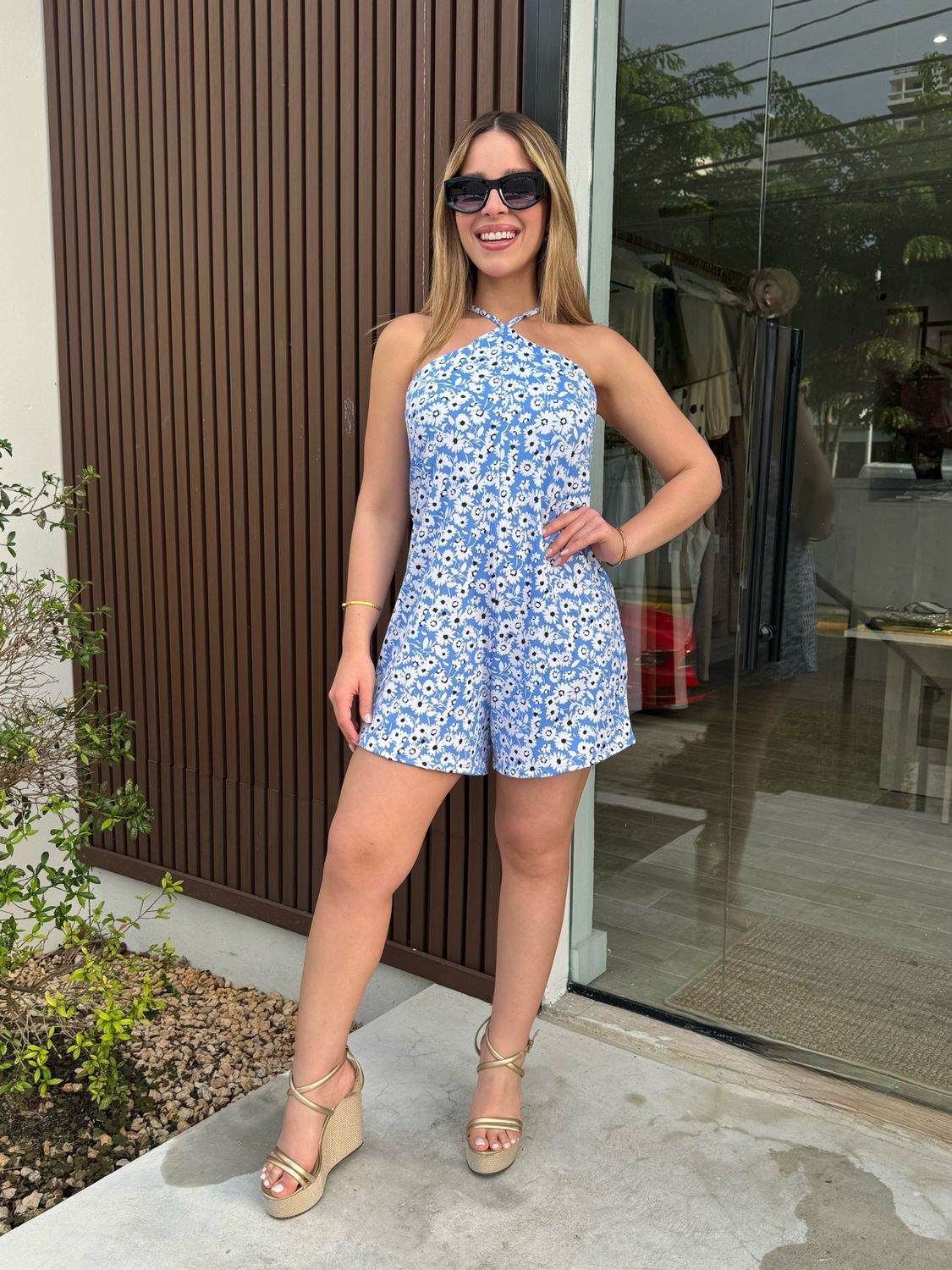 Blue Floral Halter Romper