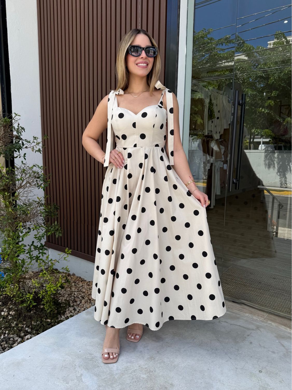 Cream & Black Polka Dots Midi Dress