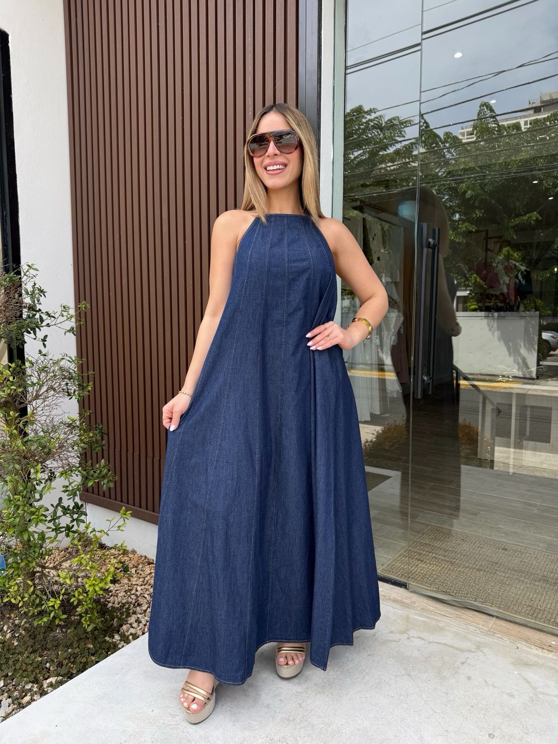 Dark Denim Halter Maxi Dress