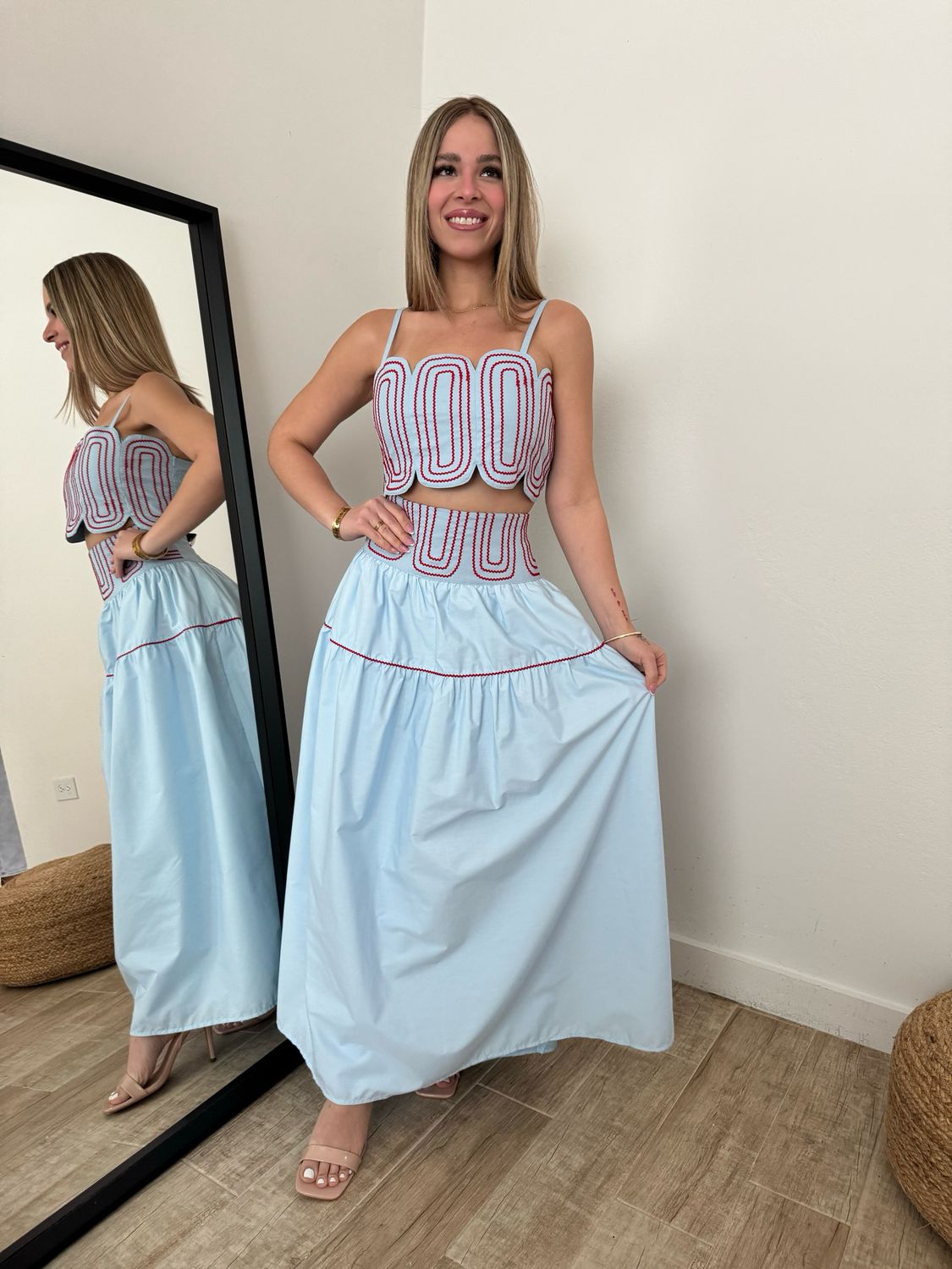 Baby Blue & Red Embroidery Top & Maxi Skirt Set
