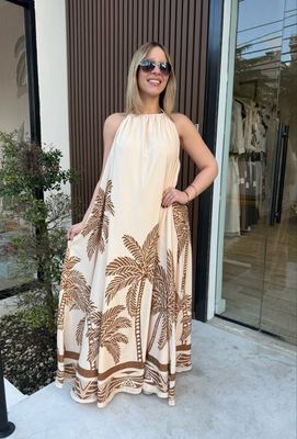 Beige Palms Resort Halter Maxi Dress