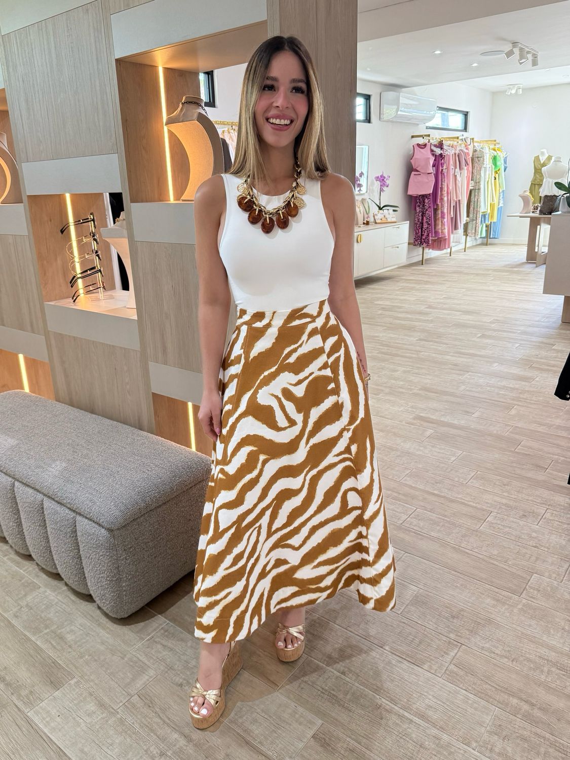 Camel Abstract Denim Midi Skirt