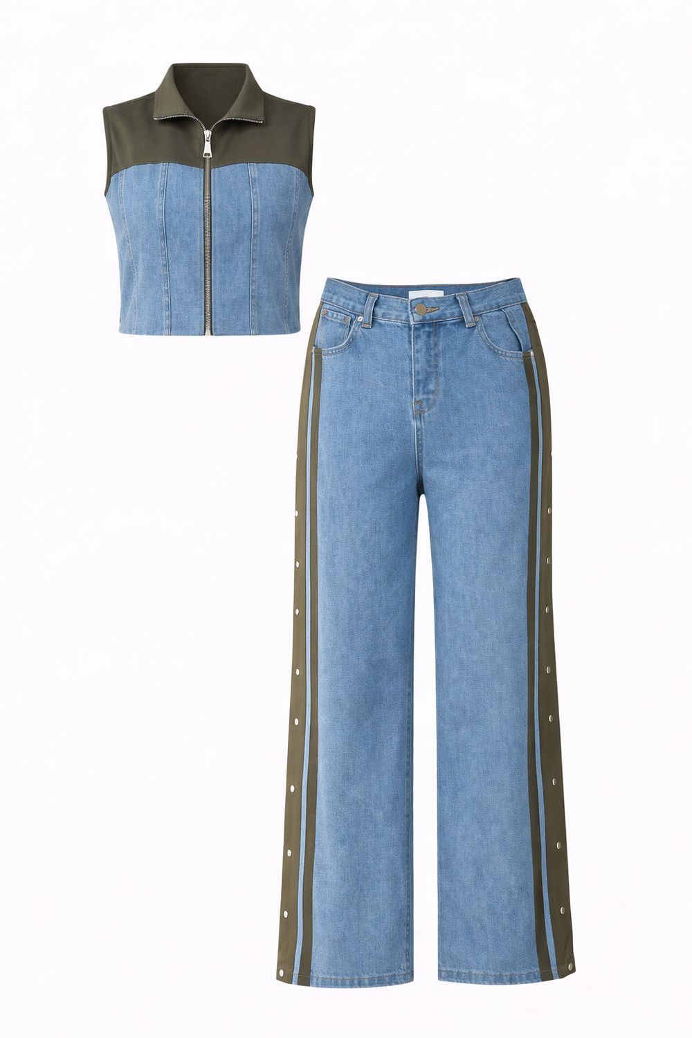 Olive Green & Denim Top & Pant Set