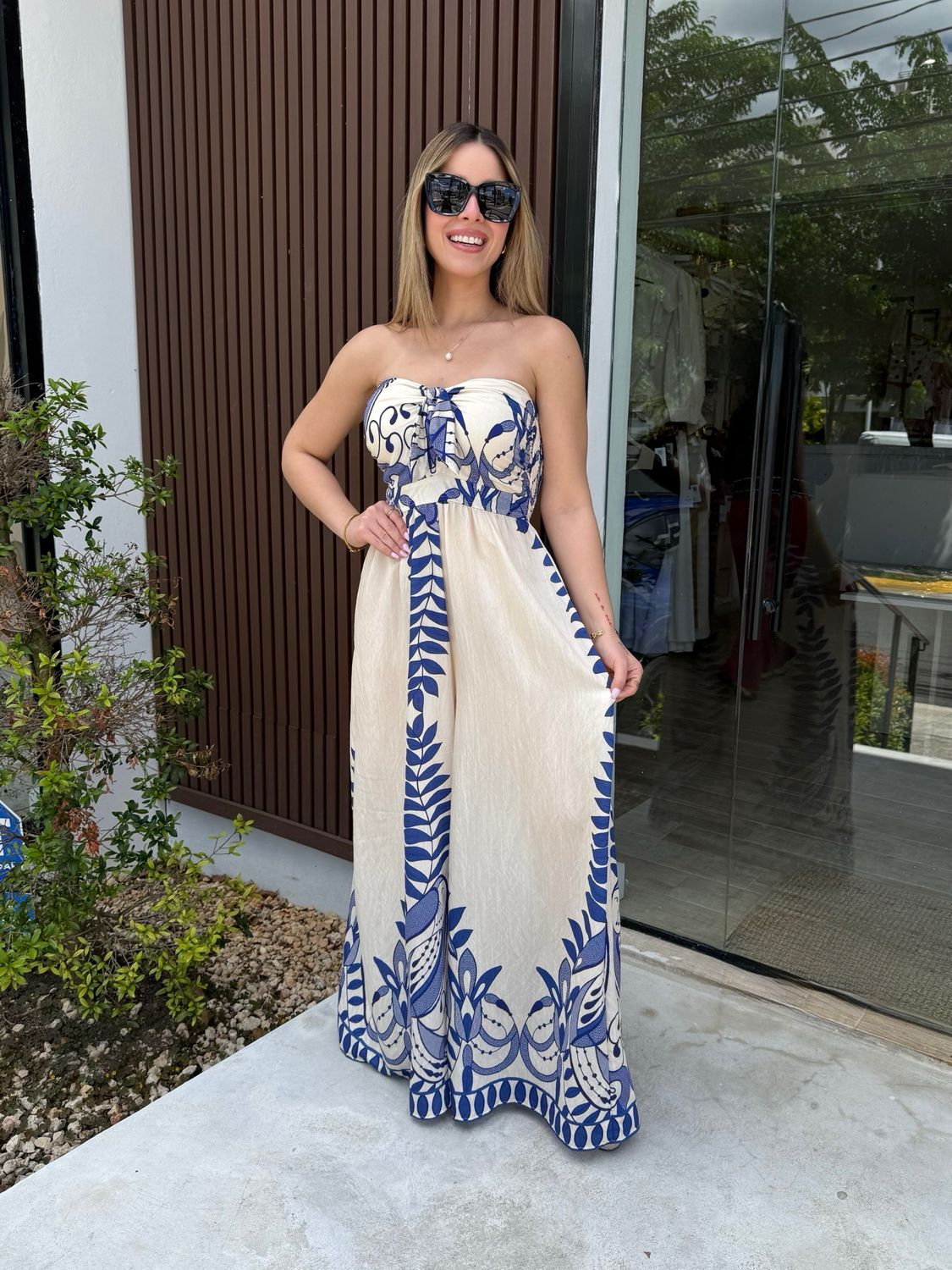 Blue & Ecru Strapless Jumpsuit