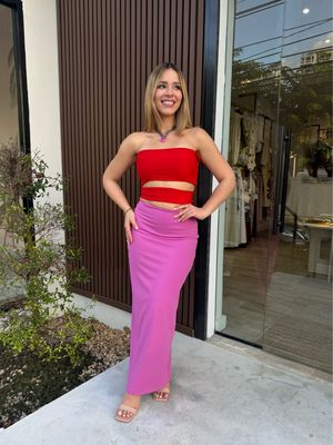 Red & Lavender Cut Out Midi Dress By Pía