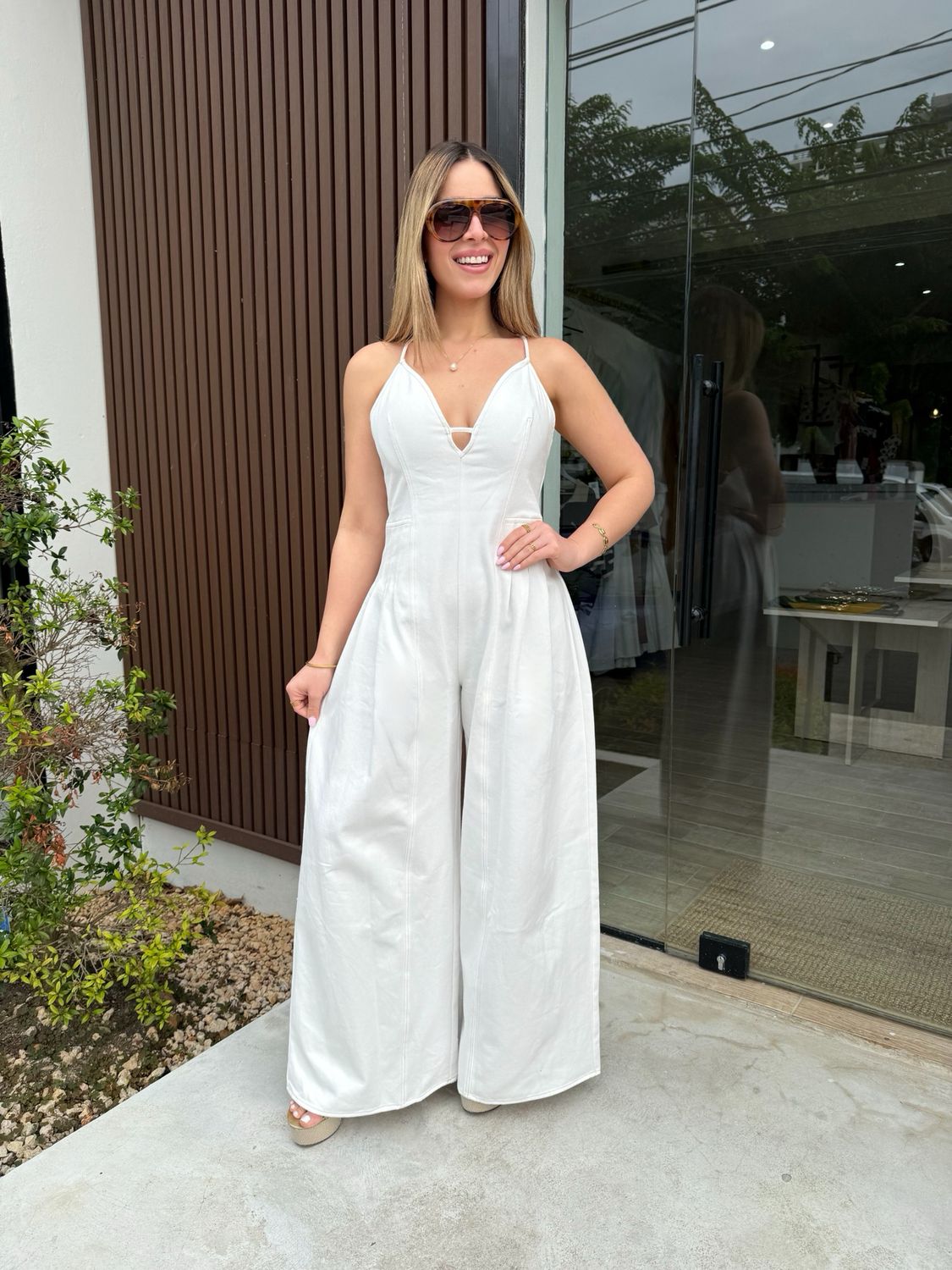 White Denim Open Back Jumpsuit