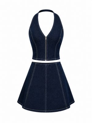 Dark Denim Zip Top & Skirt Set