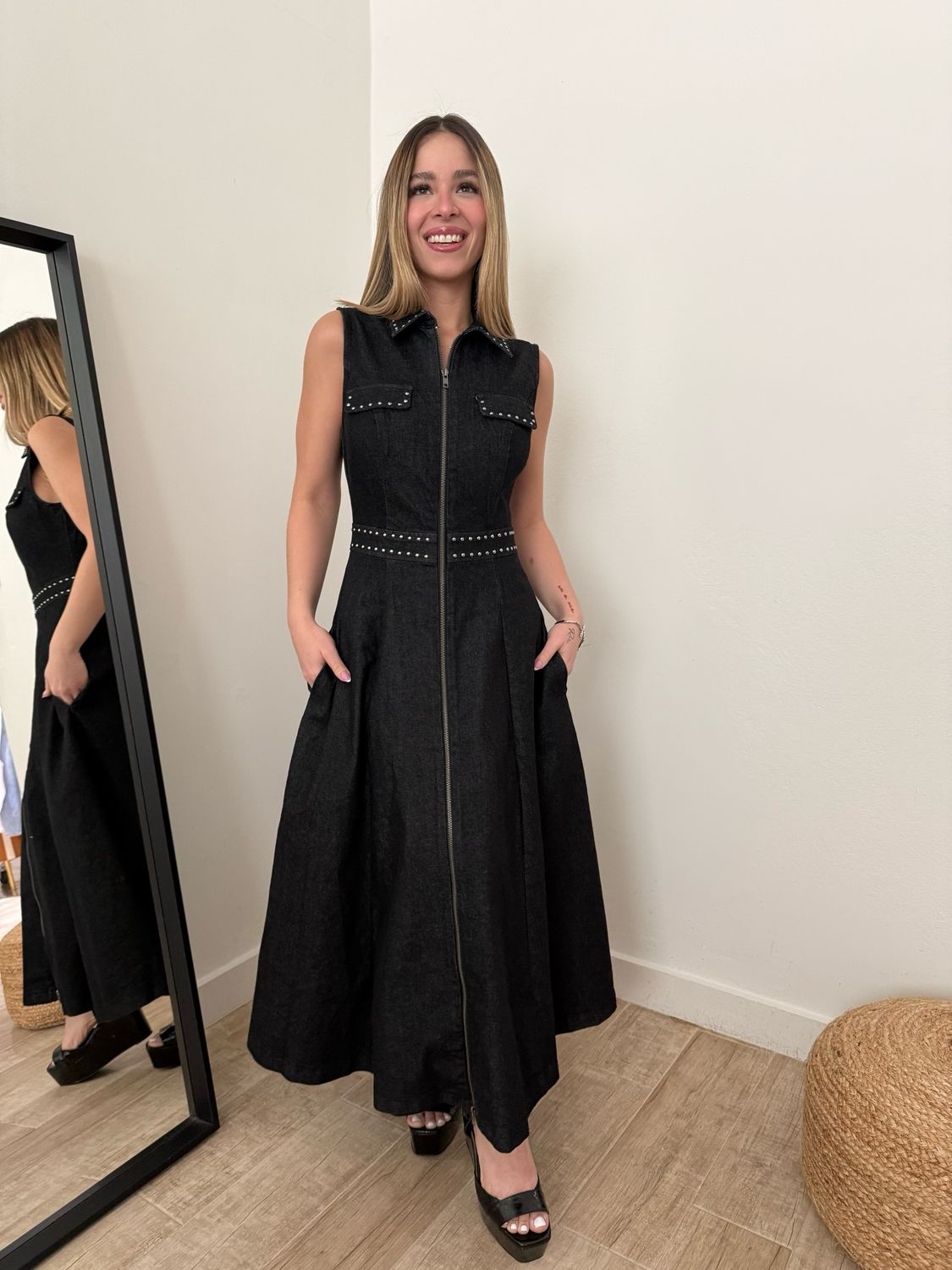 Black Denim Rock Style Midi Dress