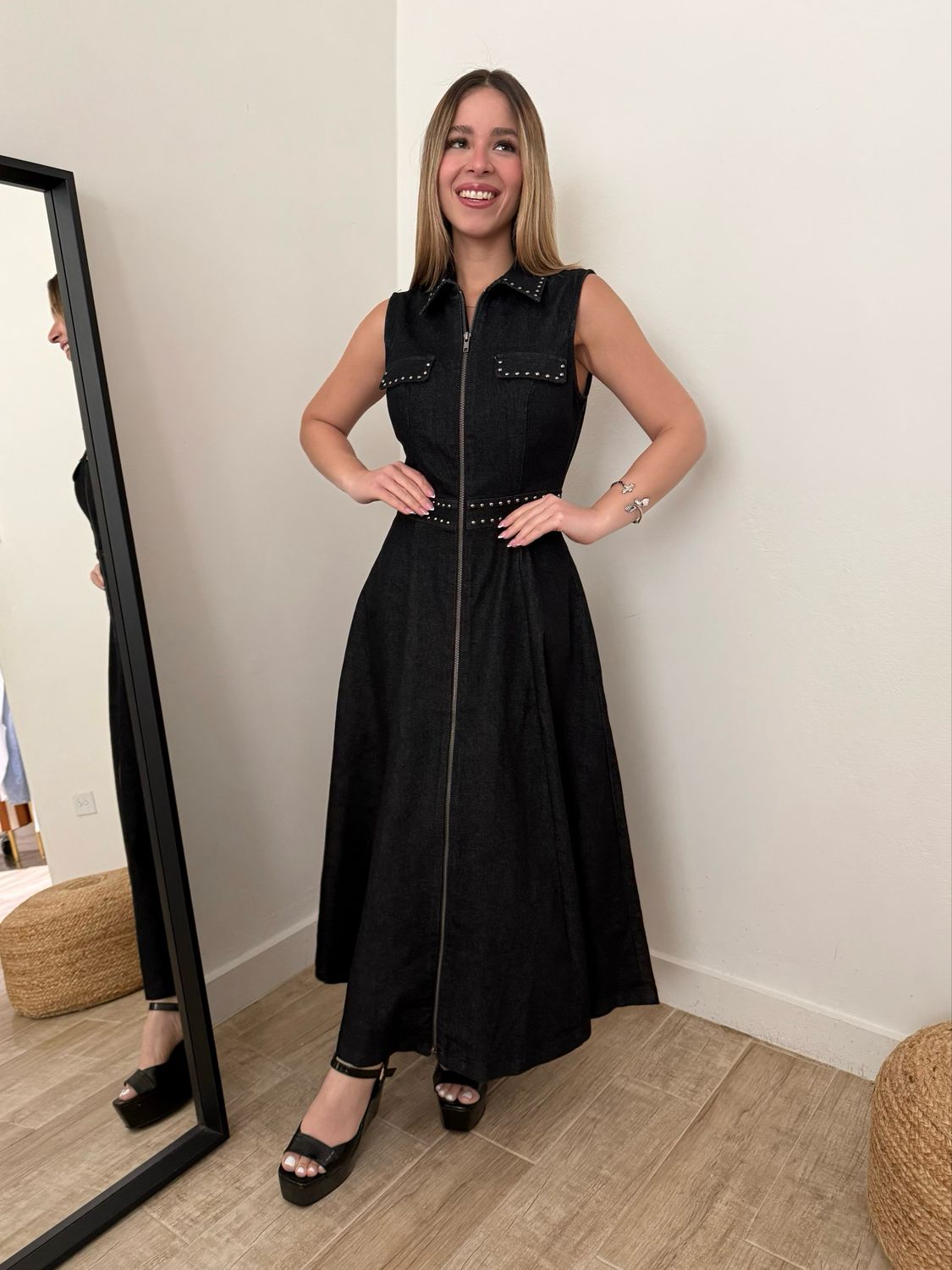 Black Denim Rock Style Midi Dress