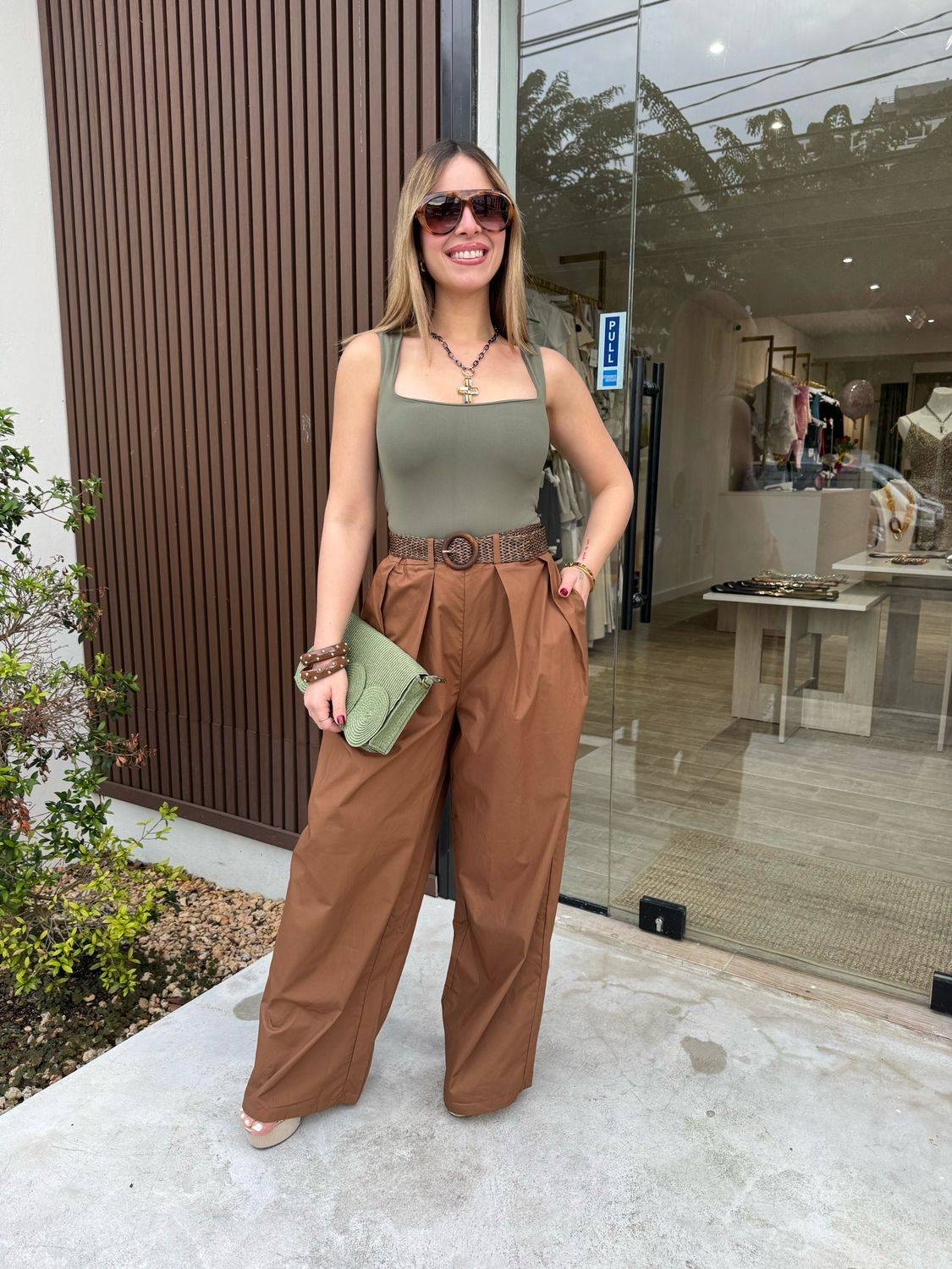 Brown Belted Wide Leg Pants