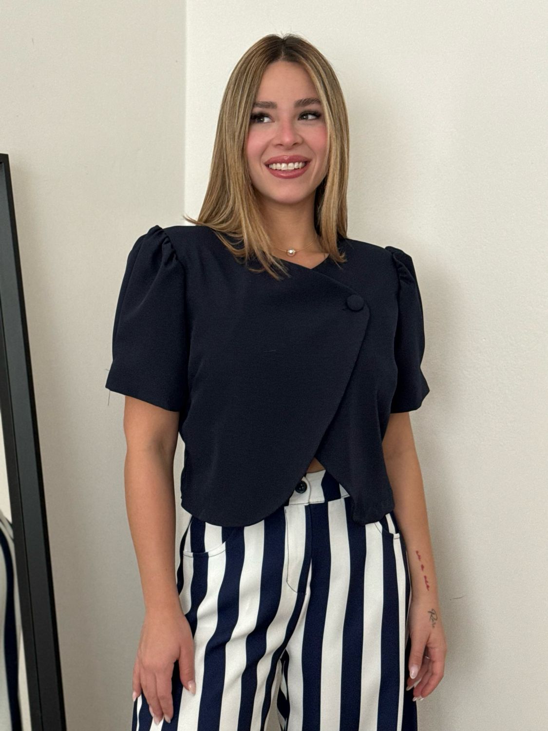 Navy Wrap Button Top