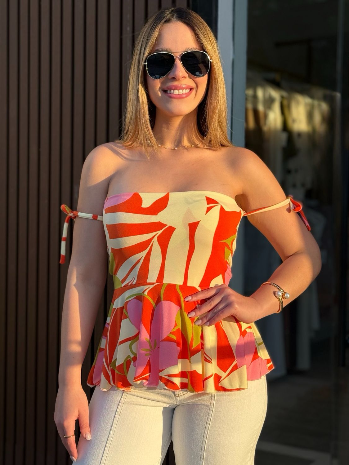 Tropical Muse Peplum Off Shoulder Top By Pía