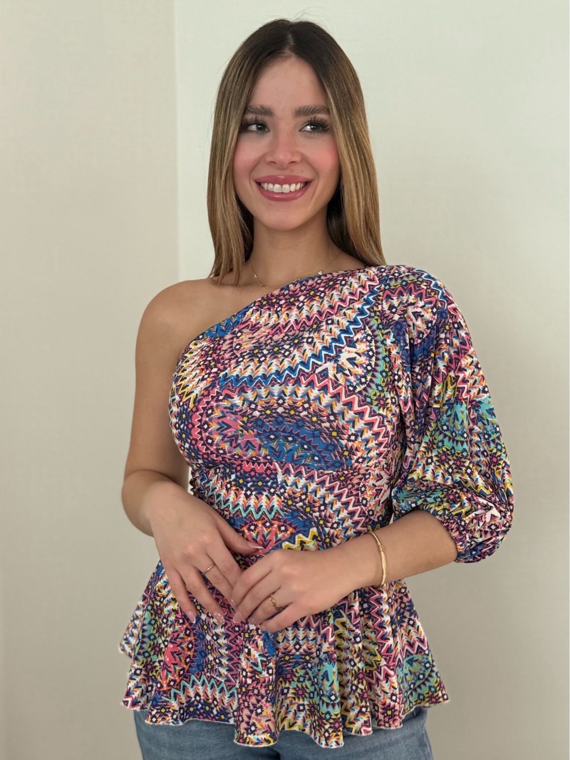 Colorful Abstract One Shoulder Blouse By Pía
