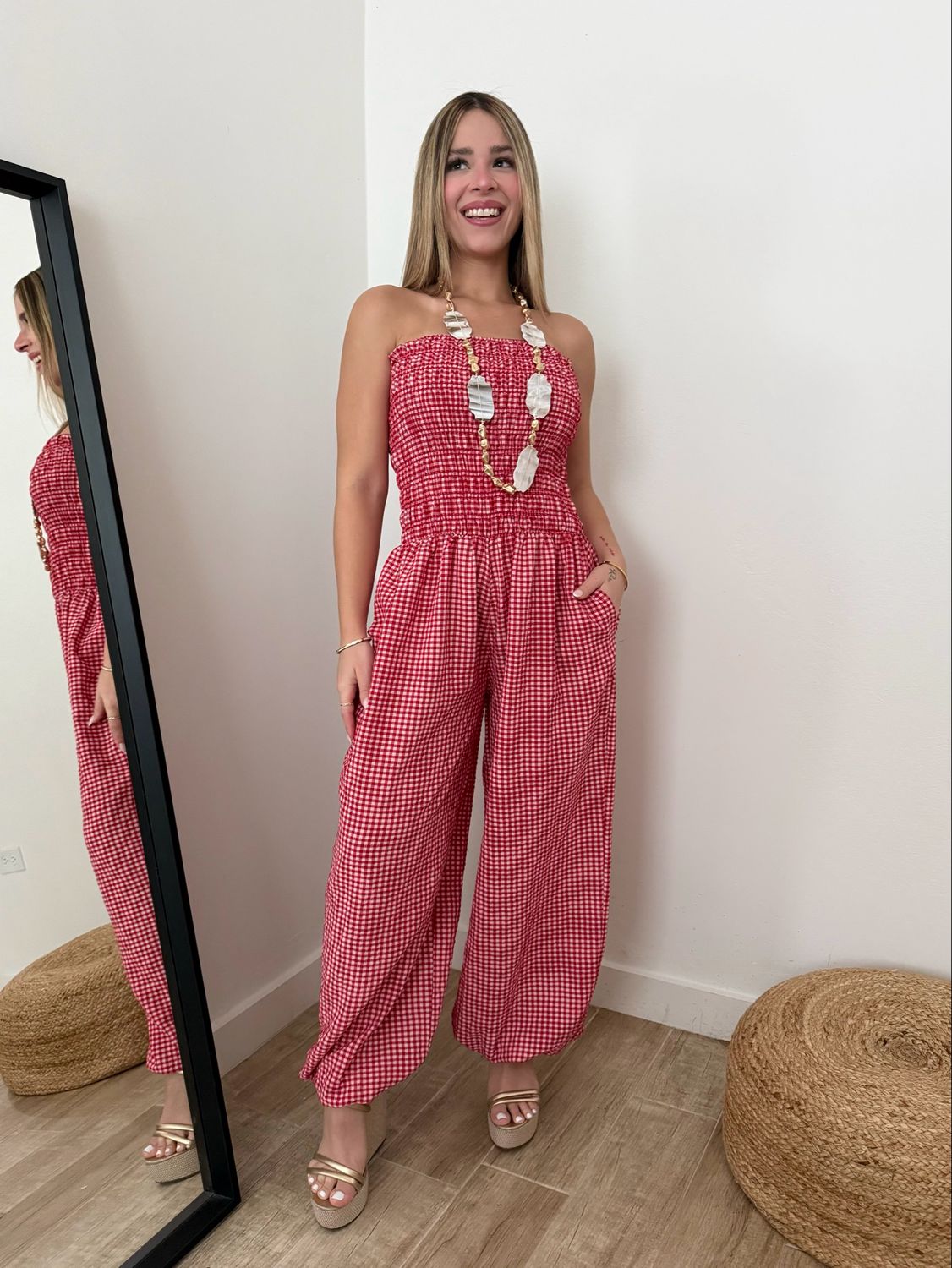 Red Gingham Strapless Jumpsuit