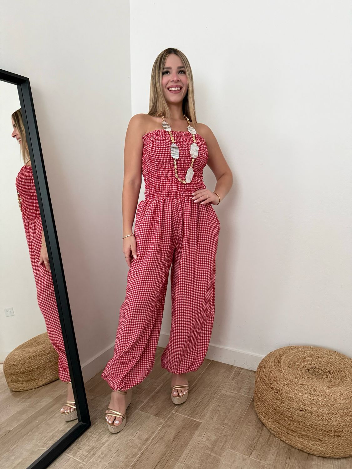 Red Gingham Strapless Jumpsuit