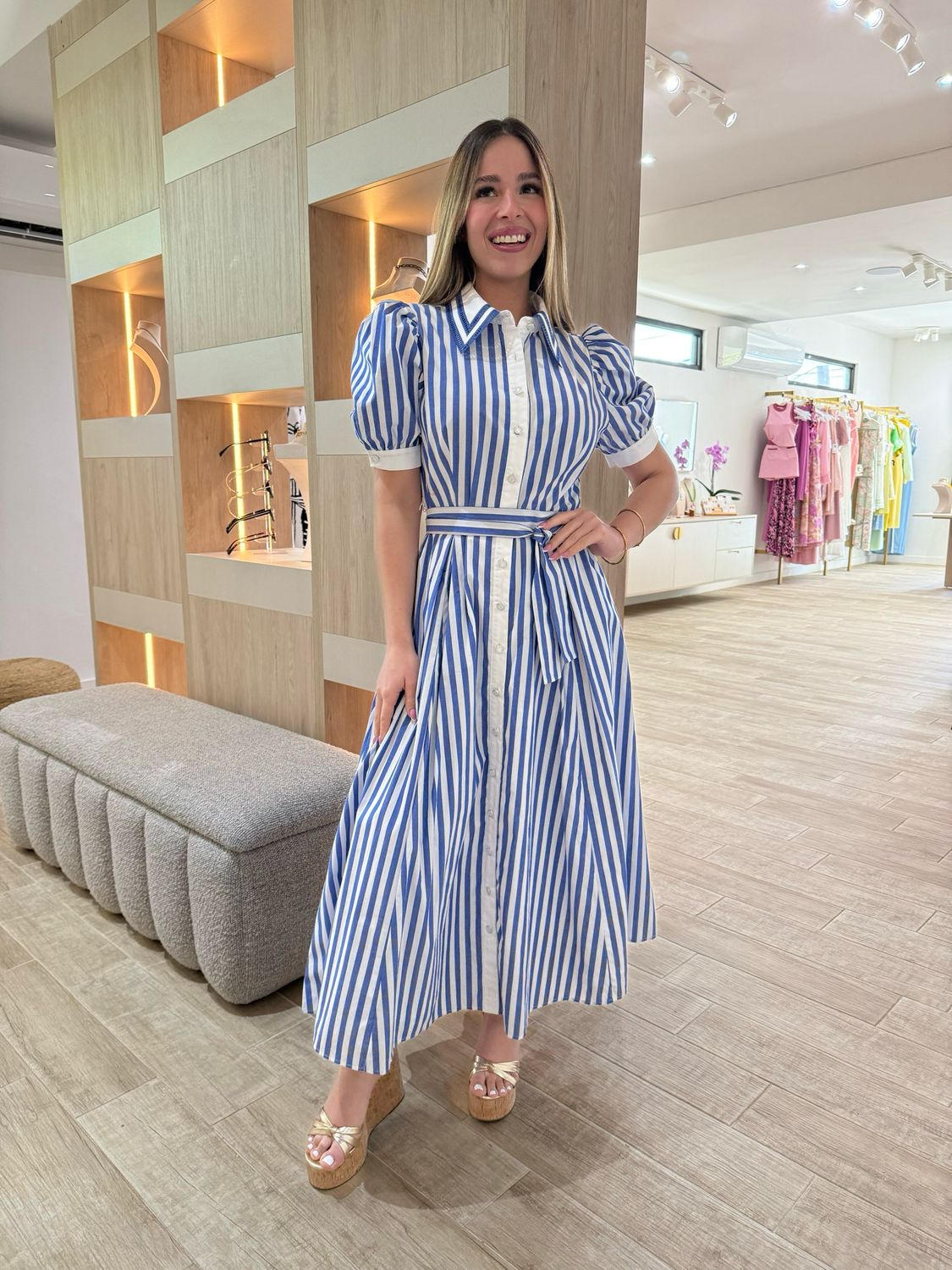 Ivory & Blue Stripes Midi Dress