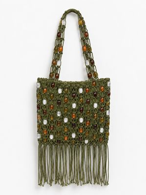 Olive Beaded Fringe Tote