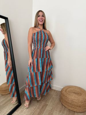 Sunset Stripes Ruffles Midi Dress