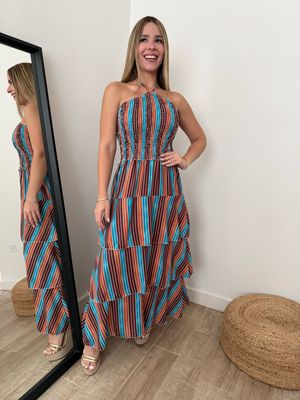 Sunset Stripes Ruffles Midi Dress
