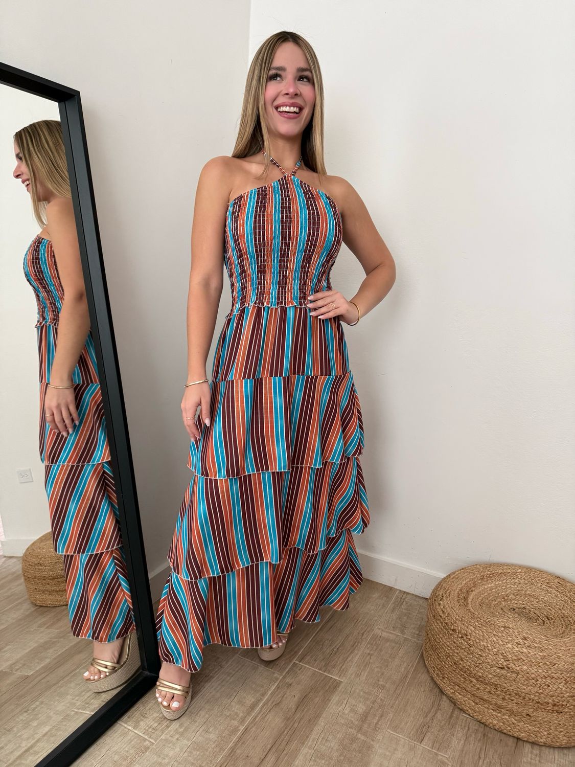 Sunset Stripes Ruffles Midi Dress