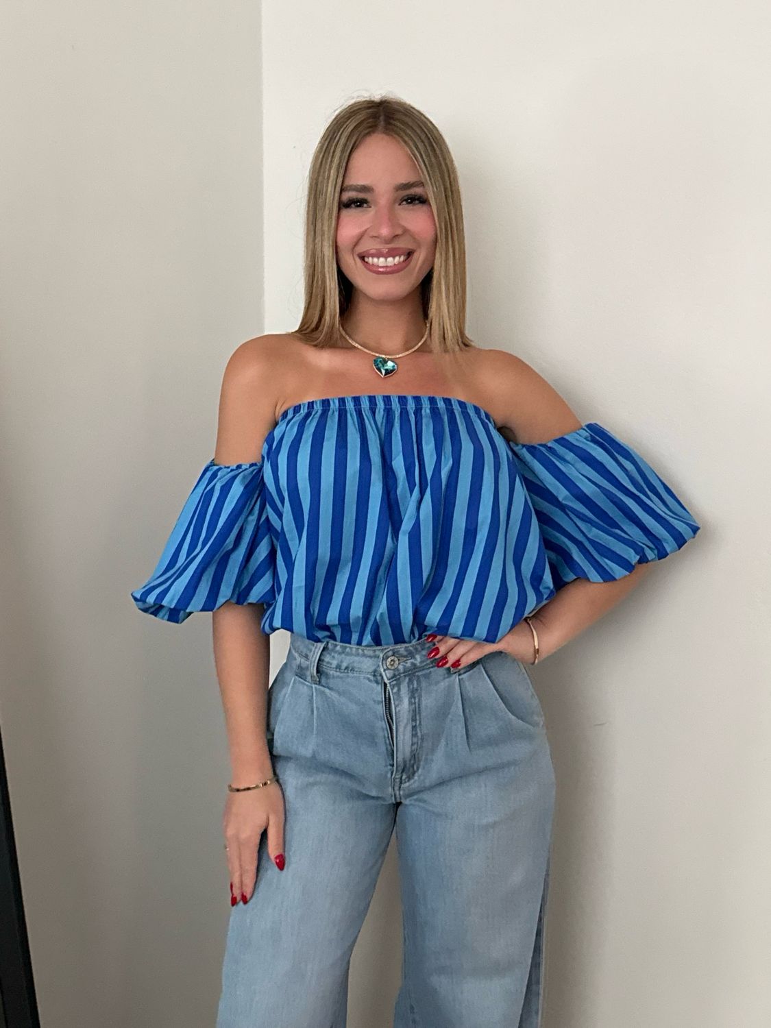 Blue Stripes Off Shoulder Blouse (One Size) Blue Stripes Off Shoulder Blouse (One Size)