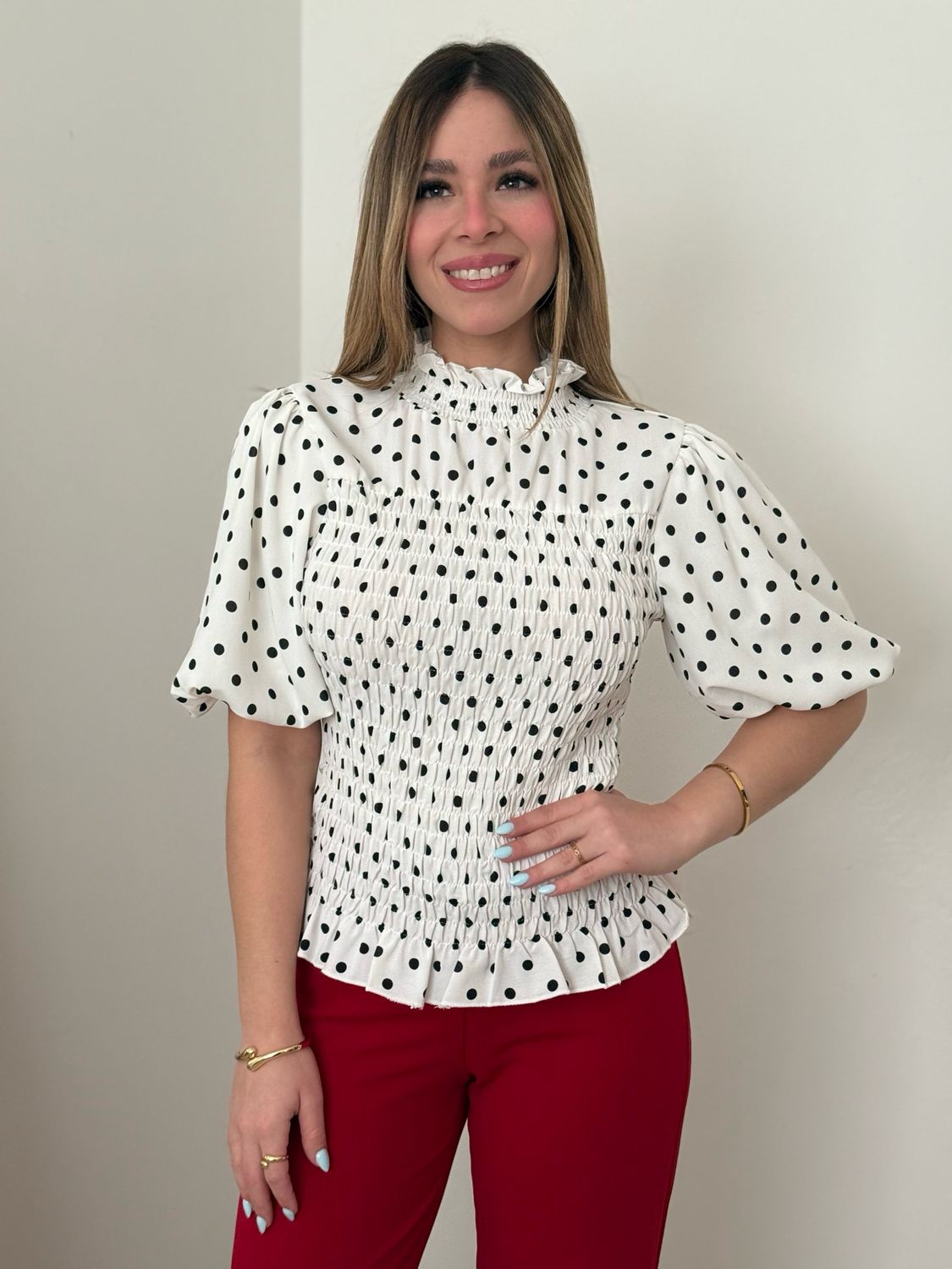 Off White Polka Dots Bubble Sleeve Blouse