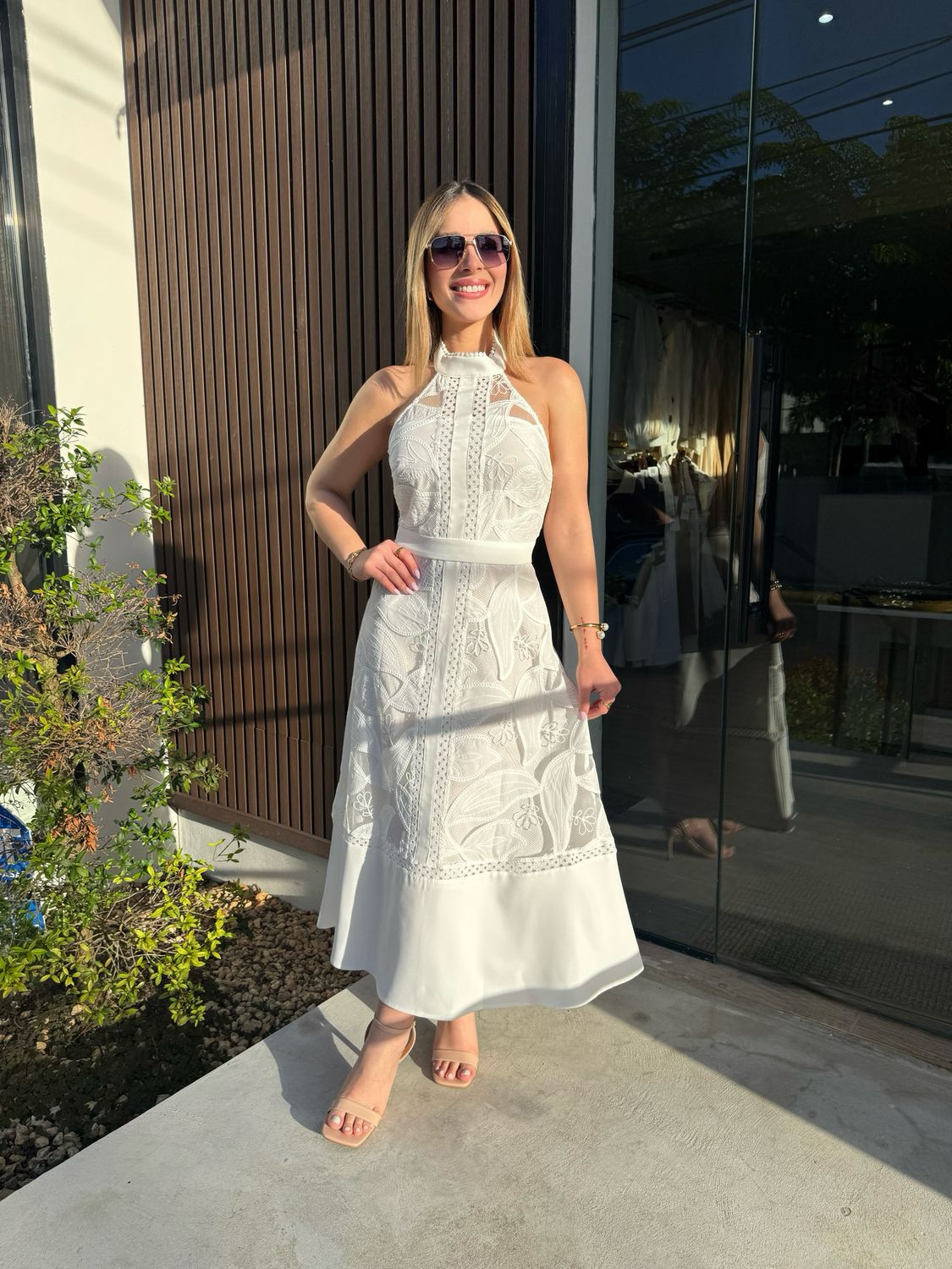 White Halter Lace Elegant Midi Dress