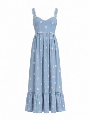 Dusty Blue Floral Detail Midi Dress