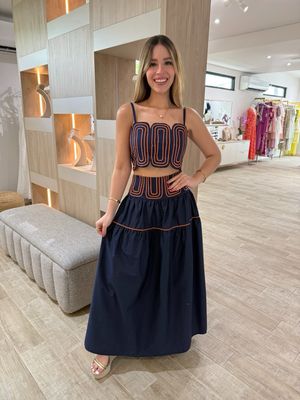 Navy Embroidery Top & Maxi Skirt Set