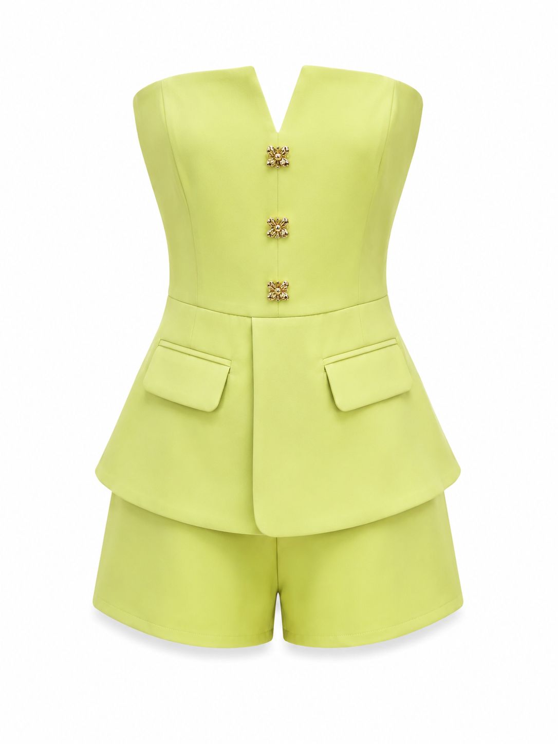 Lime Green Strapless Gold Detailed Romper