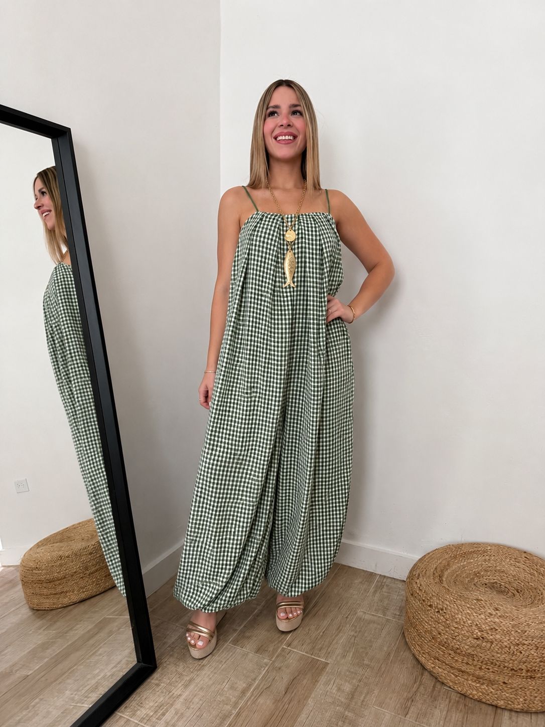 Green Gingham Balloon Jumpsuit