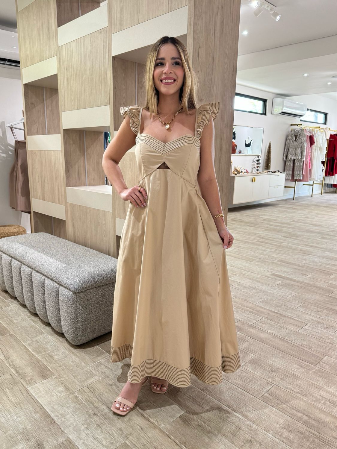 Sand Ruffle Midi Dress