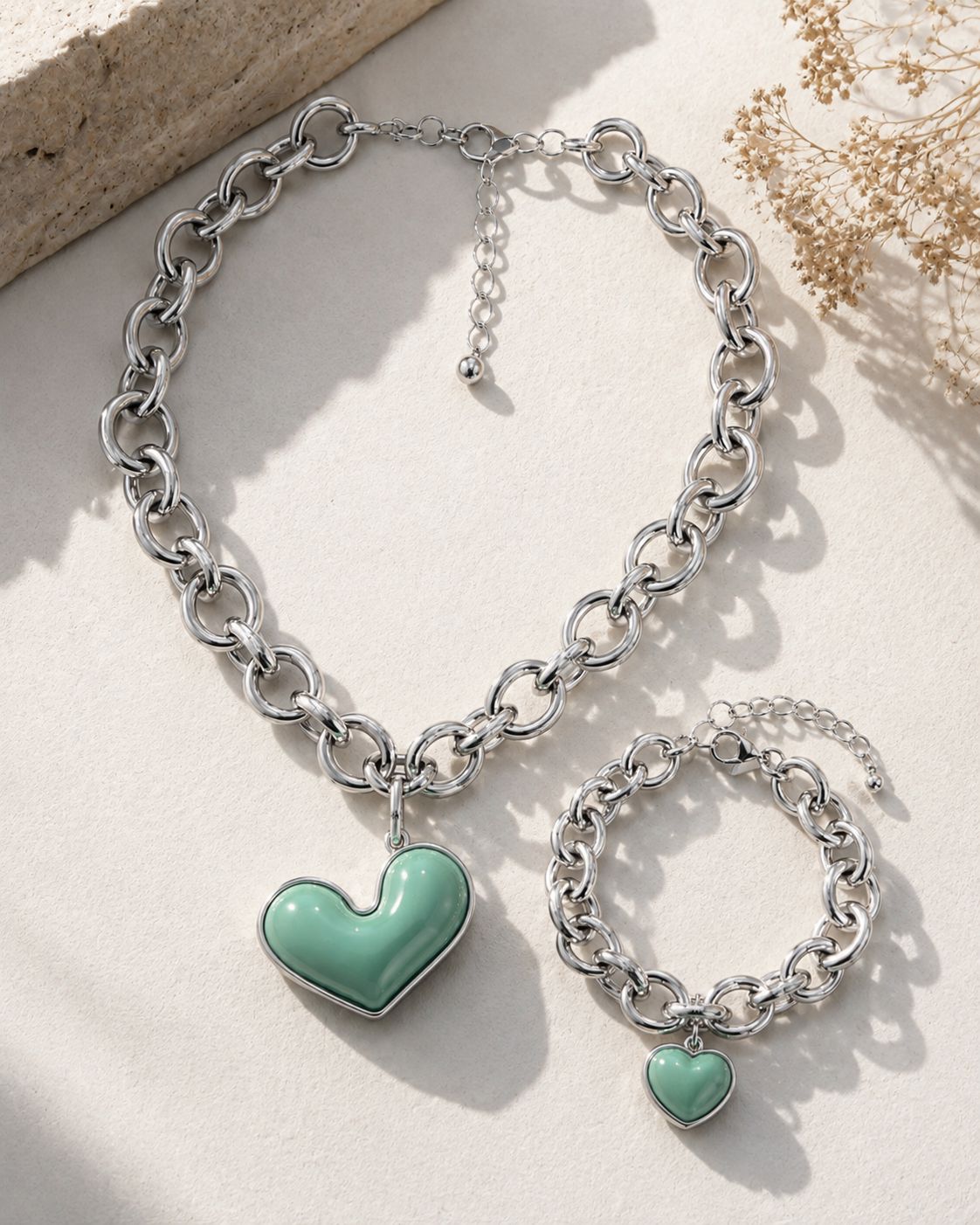 Mint Heart Silver Chain Necklace & Bracelet Set
