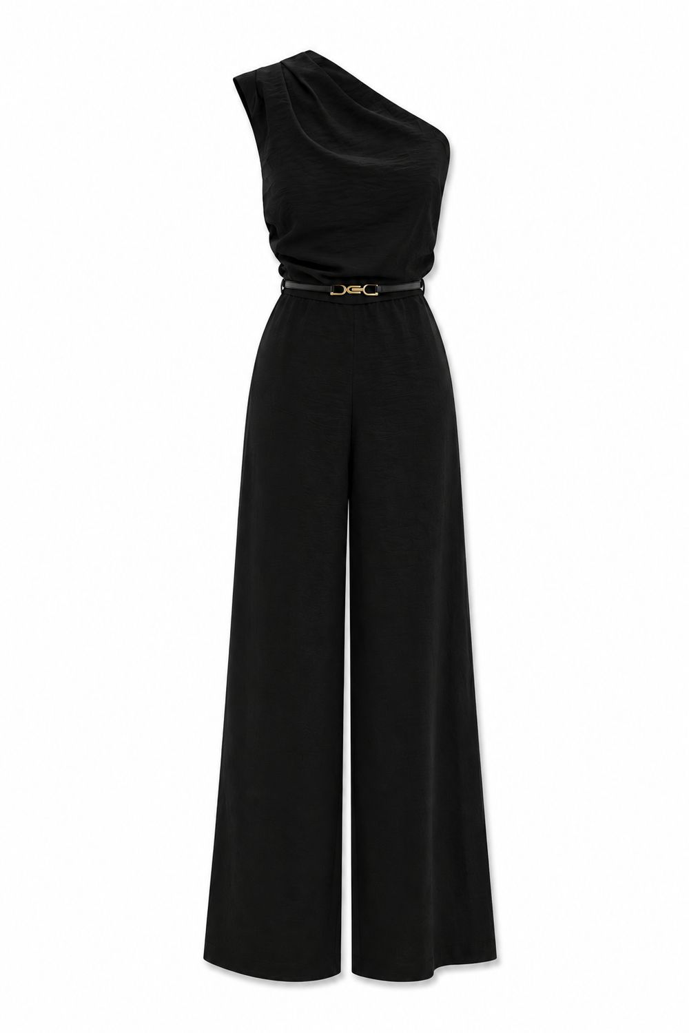 Black One Shoulder Belted Jumpsuit