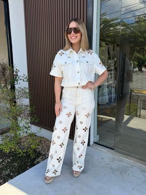 White Denim Eyelet Jacket & Pants Set